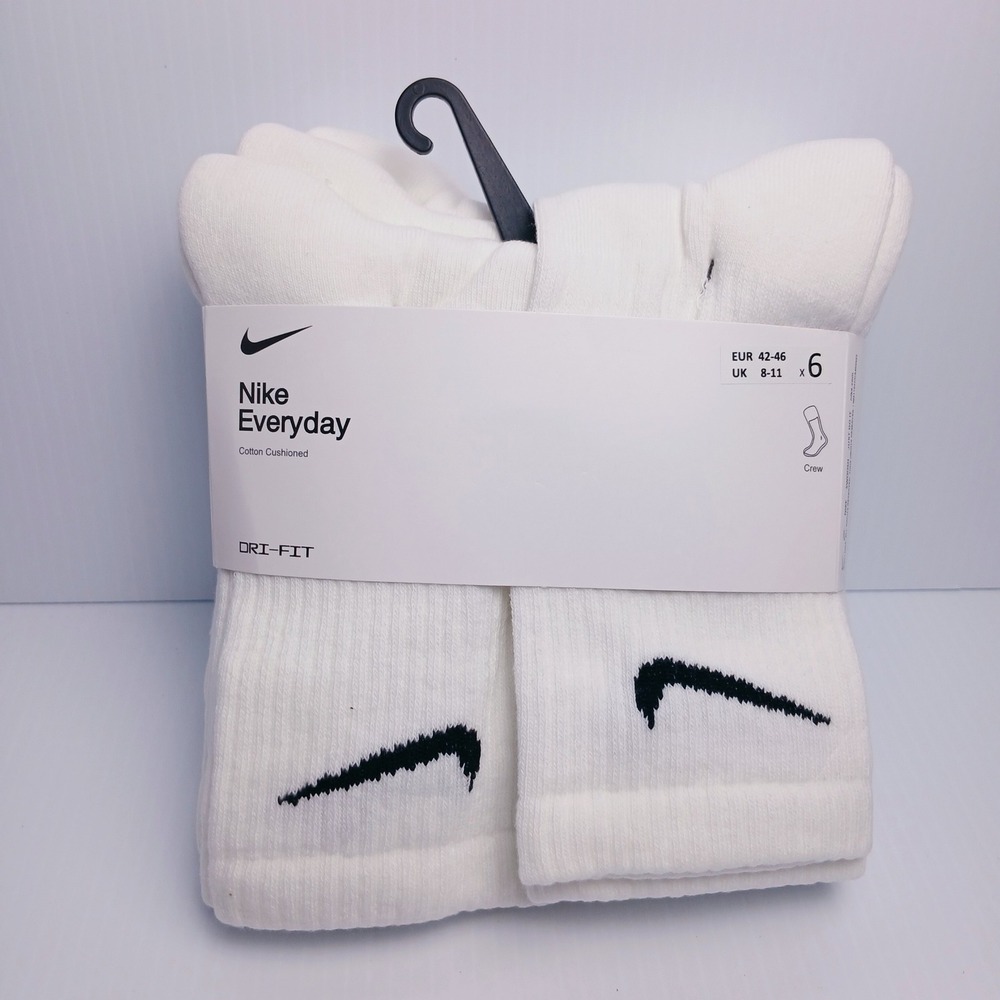 Nike Everyday Cotton Cushioned Dri- FIT Crew Socks 6 Pair White Black  Size 9-12